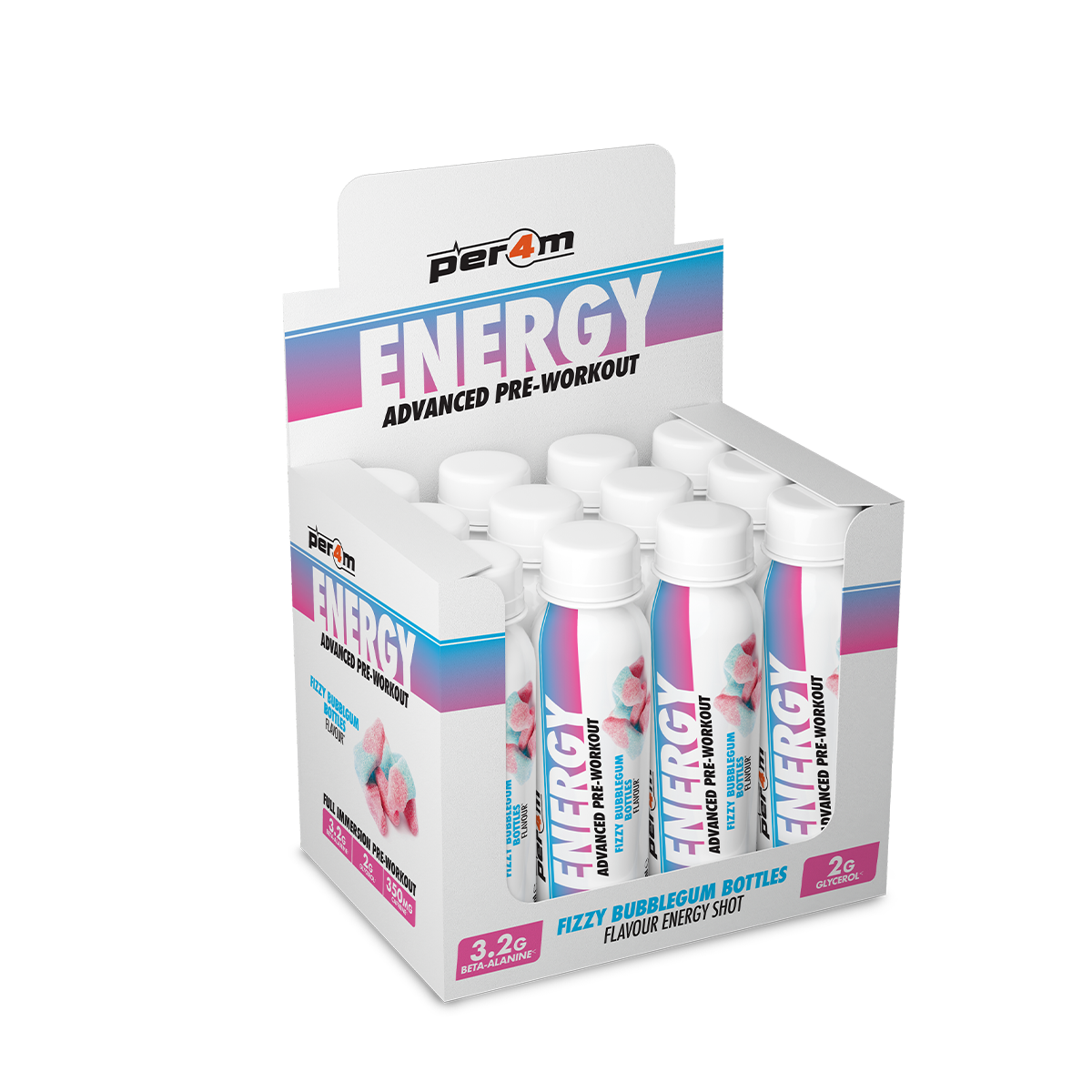 Energy Pre-Workout Shots Fizzy Bubblegum Bottles